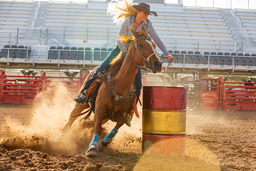 Fast paced action of cowgirls competing in the barrel riding event at a rodeo