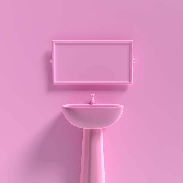 basin and mirror mock-up pink color minimal concept, 3D render.
