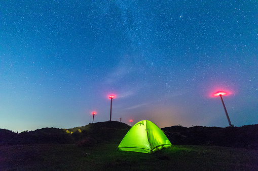 Illuminated tent against the starry sky