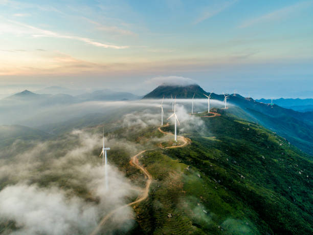 Wind power generation The wind field of the mountain ridge. High angle aerial photography. environment stock pictures, royalty-free photos & images