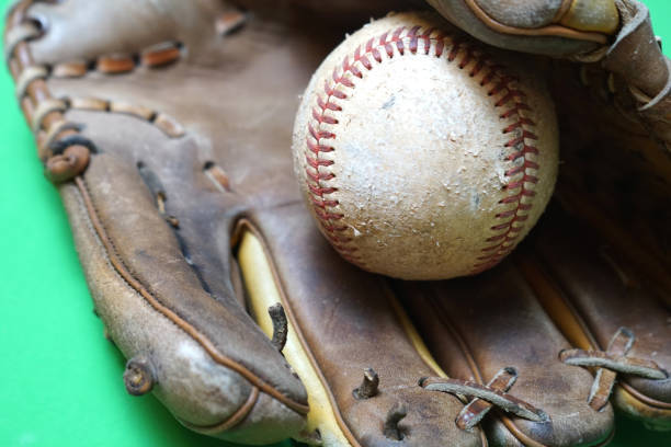 close up of baseball - seam heap sport horizontal imagens e fotografias de stock