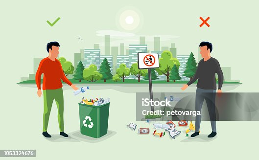 istock Correct and Wrong Littering Garbage around the Trash Bin with Person Throwing Away Waste 1053324676