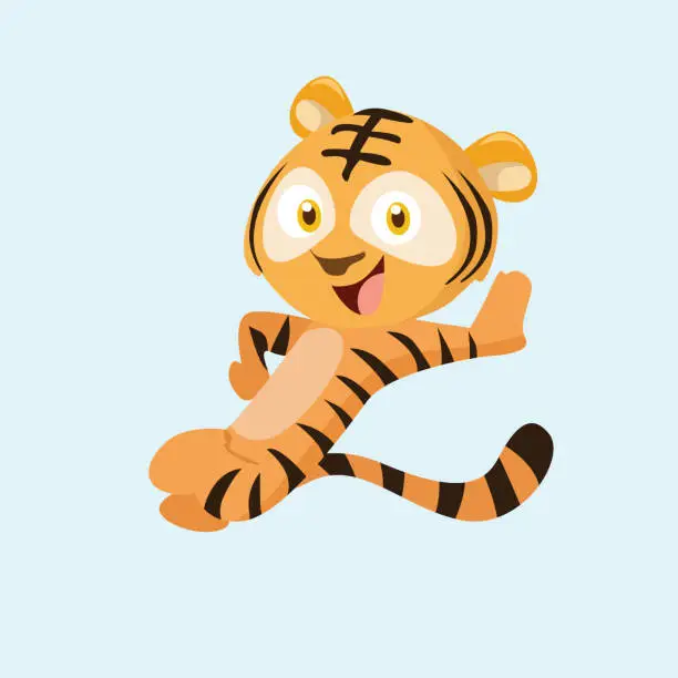 Vector illustration of cheerful and happy striped tiger cub, cartoon character