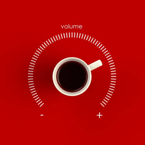 vue de dessus d’une tasse de café dans le formulaire de commande de volume isolé sur fond rouge, illustration de concept café, rendu 3d - fresh coffee audio photos et images de collection