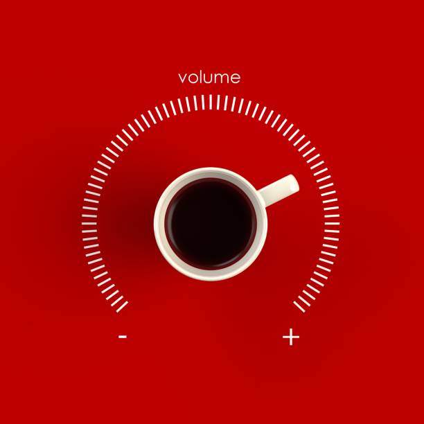 vista superior de uma xícara de café em forma de controle de volume isolado sobre fundo vermelho, ilustração do conceito, renderização em 3d - fresh coffee audio - fotografias e filmes do acervo