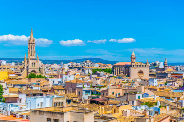 Aerial view of Palma de Mallorca with Santa Eulalia church, Spain Aerial view of Palma de Mallorca with Santa Eulalia church, Spain palma majorca stock pictures, royalty-free photos & images