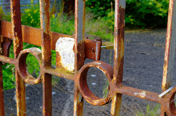 istock Historic iron gate with front yard in the background 1053337600