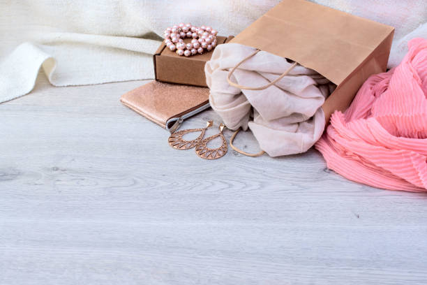 istock Accessories set for women, wooden light background. 1053343550
