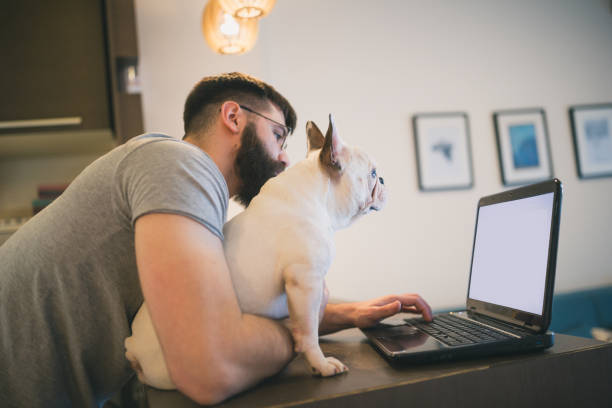 istock Young man working at home with his dog 1053347490