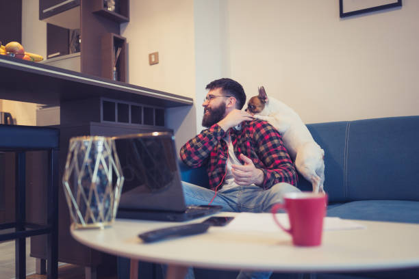 istock Handsome, hipster man sitting on the living room sofa with his dog, using laptop 1053347510