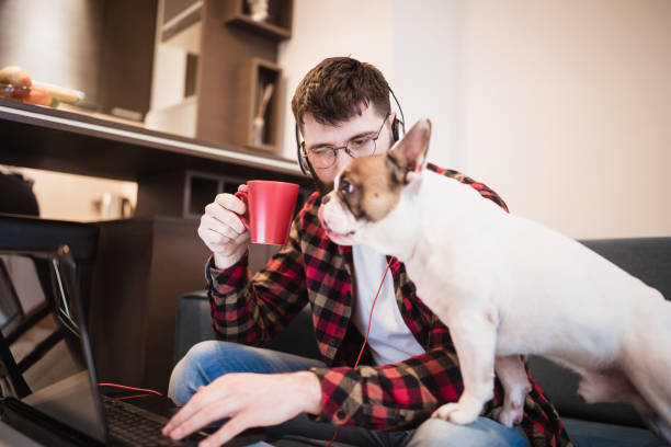 istock Handsome, hipster man sitting on the living room sofa with his dog, using laptop 1053347562