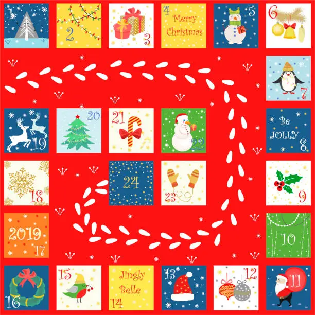 Vector illustration of advent calendar with cute bright pictures, symbols of the new year and Christmas.