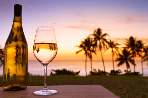 istock White wine and a beautiful tropical sunset. 1053349450