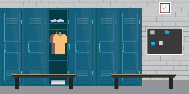 athletic room interior with locker and sporting equipment Empty athletic room interior with locker and sporting equipment,open and closed lockers,flat vector illustration clothes hanger storage stock illustrations