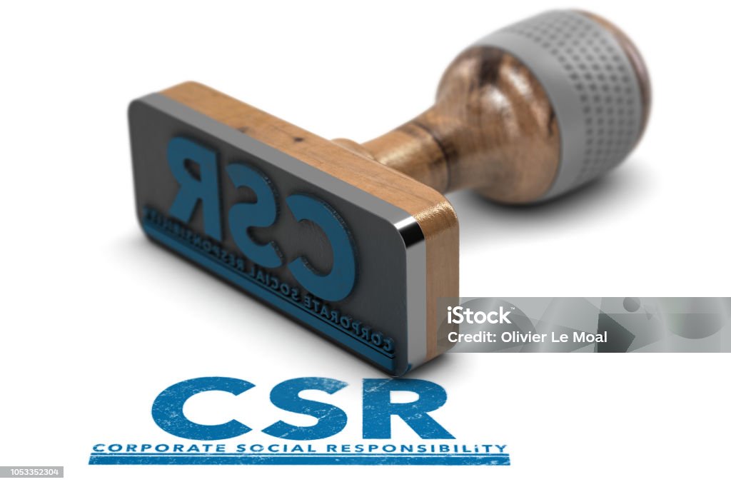 Corporate Social Responsibility, CSR. 3D illustration of a rubber stamp with the with the acronym CSR, Corporate Social Responsibility stamped over white background. Responsible Business Stock Photo