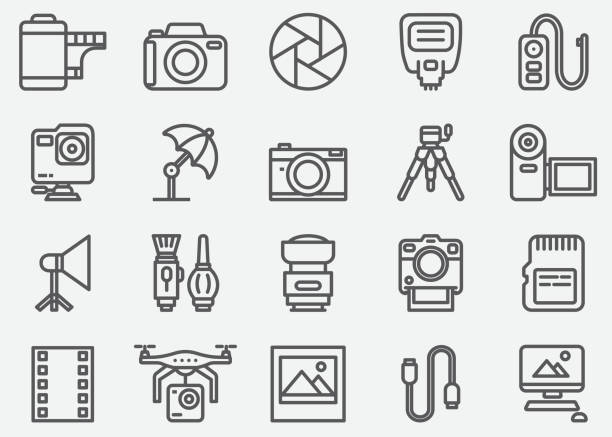 Photography and Camera Accessories Line Icons Photography and Camera Accessories Line Icons computer part photos stock illustrations