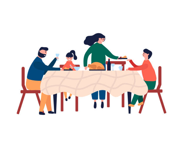 Happy family sitting at dinner table and eating turkey Happy family sitting at dinner table and eating turkey. Smiling mom dad son and daughter celebrating festive Thanksgiving, Christmas. Vector illustration in cartoon flat style thanksgiving dinner stock illustrations