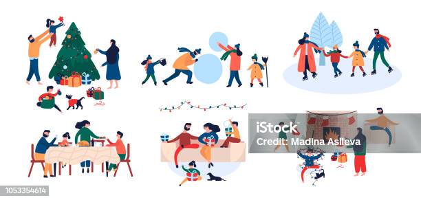 Collection Of Family Enjoying Christmas Holiday Home Outdoor Activity Stock Illustration - Download Image Now