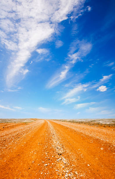 Red dirt road in the Australian outback, under a blazing hot blue sky.
