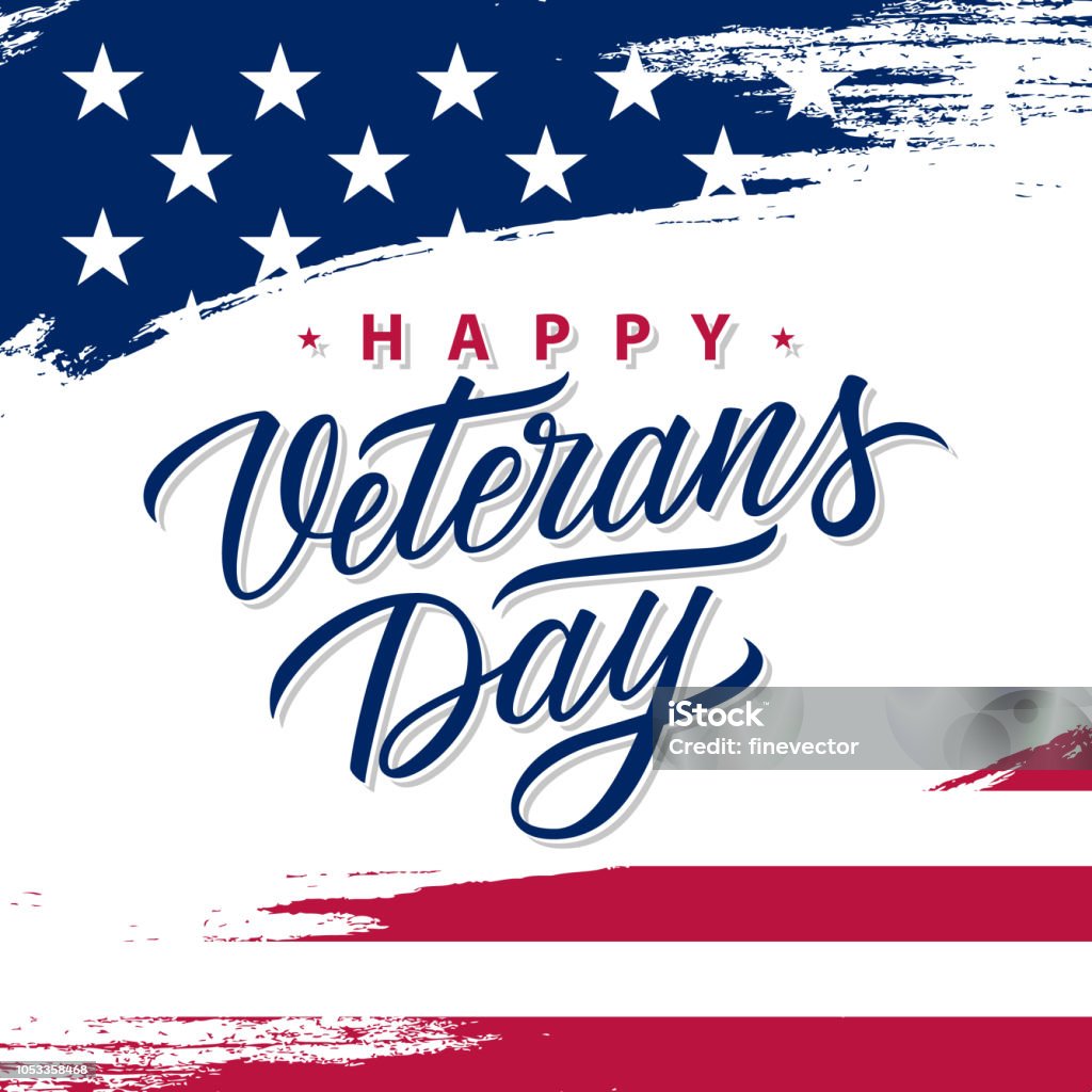 USA Veterans Day greeting card with brush stroke background in United States national flag colors and hand lettering text Happy Veterans Day. USA Veterans Day greeting card with brush stroke background in United States national flag colors and hand lettering text Happy Veterans Day. Vector illustration. US Veteran's Day stock vector