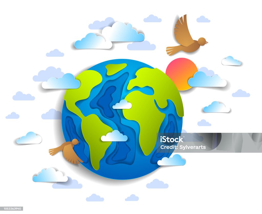 Vetores de Dos Desenhos Animados Terra Nuvens Pássaros E Corte 3d