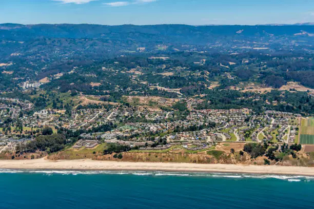 The aerial view of California coast with the city of Aptos, close to the city of Santa Cruz.