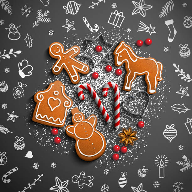 화이트 낙서와 진저 크리스마스 테마 - bakery biscuit christmas decoration christmas ornament stock illustrations