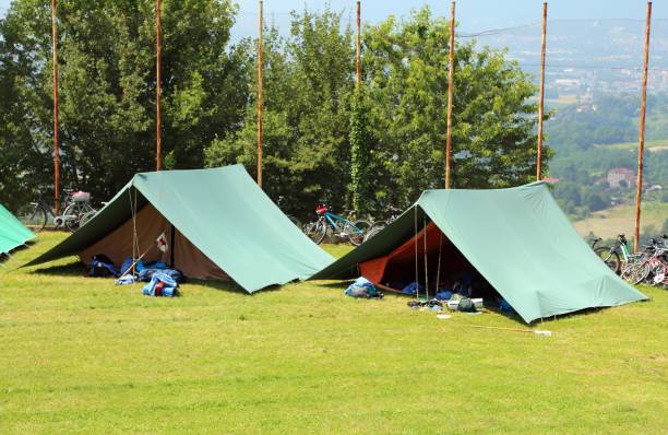 istock two green scout tents already mounted 1053366178