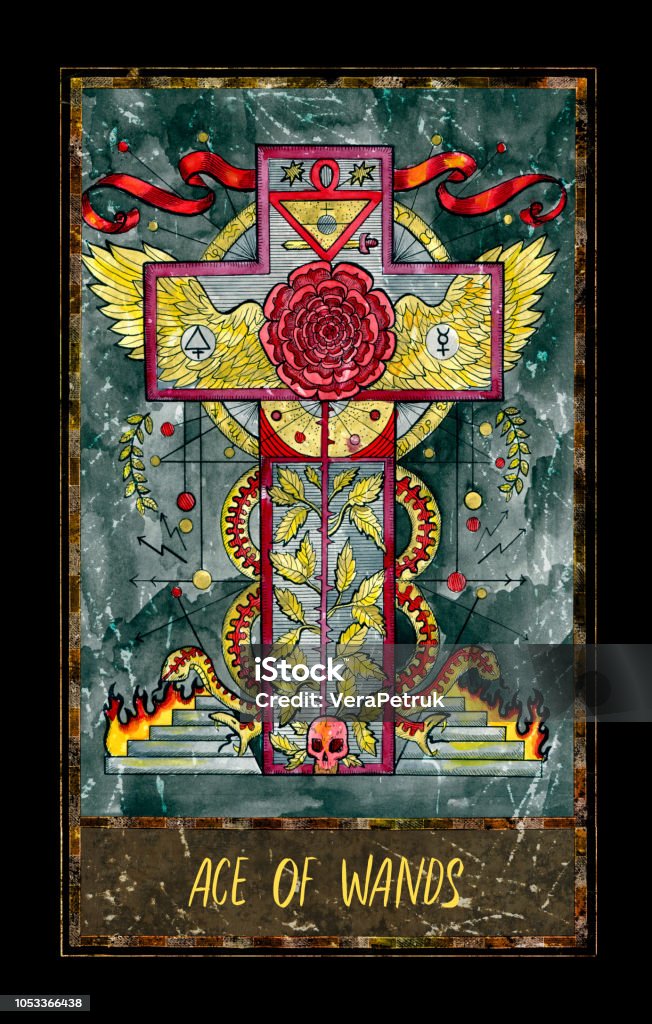 Ace of wands. Minor Arcana tarot card The Magic Gate deck. Fantasy graphic illustration with occult magic symbols, gothic and esoteric concept Ace stock illustration