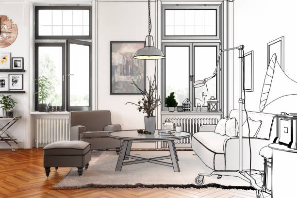 Modern Retro Style Apartment (drawing) Modern Retro Style Apartment (drawing) - 3d visualization; artwork "Triptichon" created by Maciej Nowacki, Poland 2015 sketch photos stock pictures, royalty-free photos & images