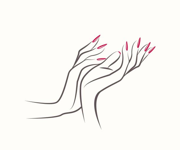 エレガントな赤いマニキュア マニキュアで美しい女性の手。爪のアート サロン ベクトル イラスト。 - ネイルアート点のイラスト素材／クリップアート素材／マンガ素材／アイコン素材