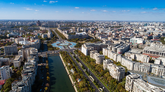 Drone image of buildings downtown Bucharest
