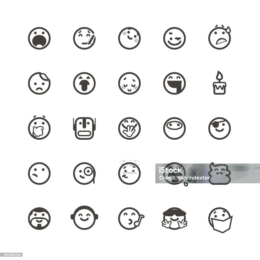 Emoticons cute set 6 Vector illustration of a set of 25 cute and flat design line art emoticons for web page designs, print design projects and any other social media project. Shy stock vector