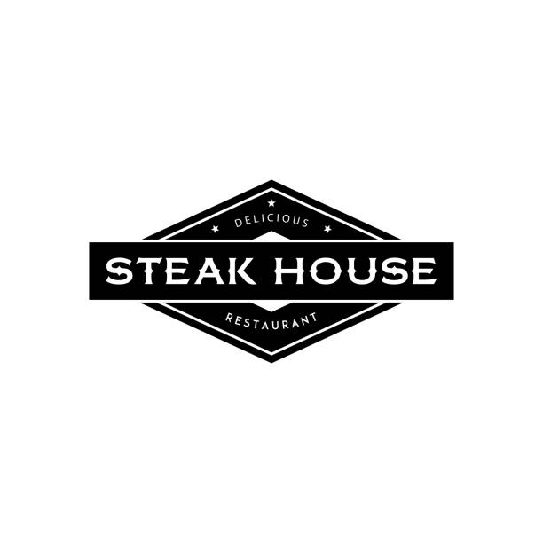 Steak House Restaurant Logo Steak House logo design template. Vector retro black and white meat dishes logotype illustration. Graphic grill BBQ label, emblem, symbol. Premium beef restaurant badge restaurant logos stock illustrations