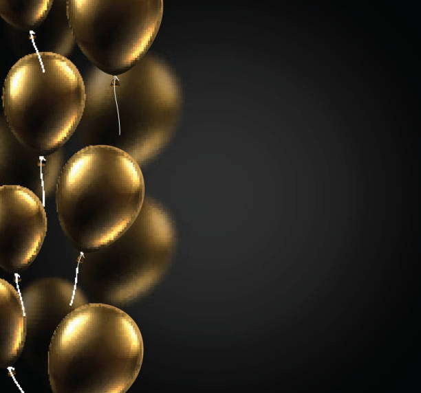 istock Black festive card with golden shiny balloons. Holiday decoration. 1053387200