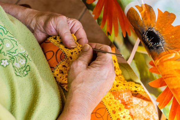 crochet embroidered tablecloth stock photo