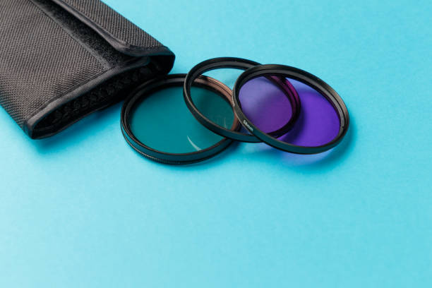 istock Camera lens filters on blue background. Photo filters. Copy space. Minimal creative concept. Blue background in pastel colours 1053396364