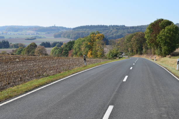 istock wide avenue in autumn, Eifel region 1053398208
