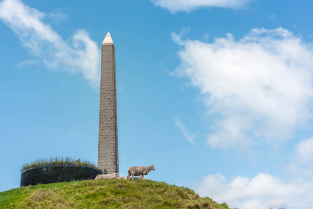 Sheep standing next to the Obelisk on top of one tree hill in Auckland against a blue sky with clouds
