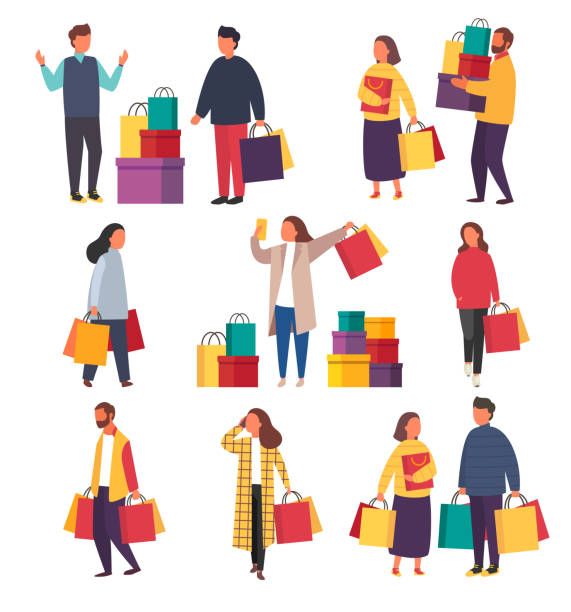 Shopping people with bags. Vector sale illustration Shopping people set, man and woman with bags in warm clothes. Autumn winter sale. Vector illustration shopping bag illustrations stock illustrations