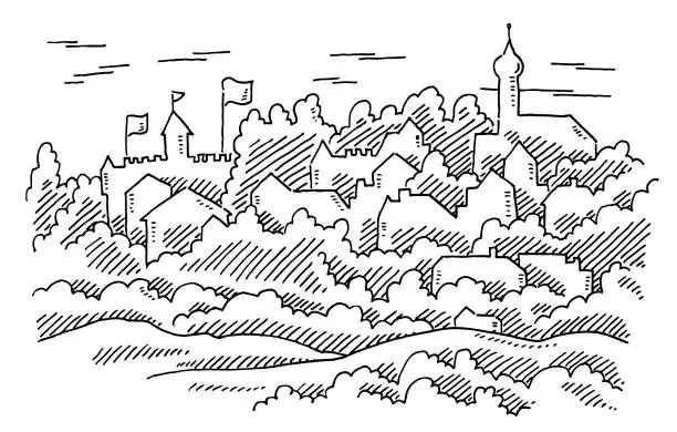 Vector illustration of Generic Old Historic European Town Drawing