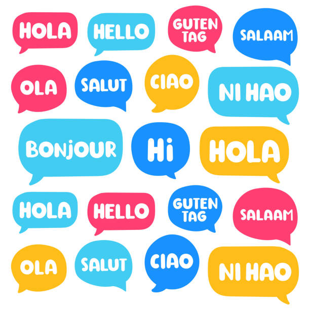 ilustraciones, imágenes clip art, dibujos animados e iconos de stock de hola, hola, hola, guten tag, ni hao, salaam, salut, bonjour. conjunto de ilustraciones de icono de vector dibujado a mano sobre fondo blanco. - multilingual