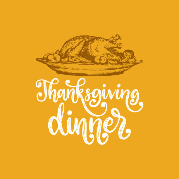 thanksgiving-dinner, hand schriftzug auf gelbem hintergrund. vektor-illustration der türkei gericht für einladung, grußkarte - 2841 stock-grafiken, -clipart, -cartoons und -symbole