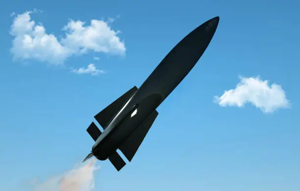 Photo of Rocket in flight on blue sky background. Military missile in flight against the sky. warhead, atomic bomb, chemical weapons. rocket launch. 3D render