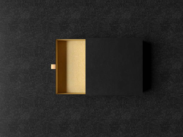 黒の背景、3 d レンダリングにブラック ギフト ボックス モックアップをオープンしました。プレミアム製�品の高級包装箱。 - black box ストックフォトと画像