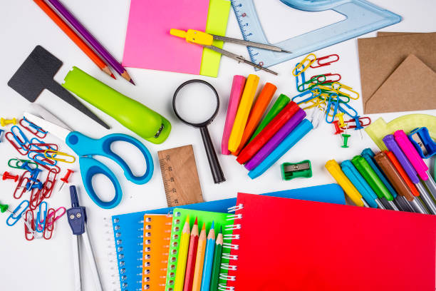 istock School and office equipment. Colorful stationery materials. 1053414616