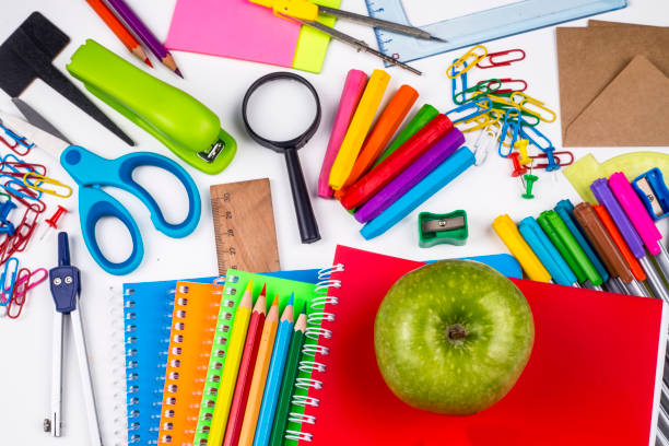 istock School and office equipment. Colorful stationery materials. 1053414634