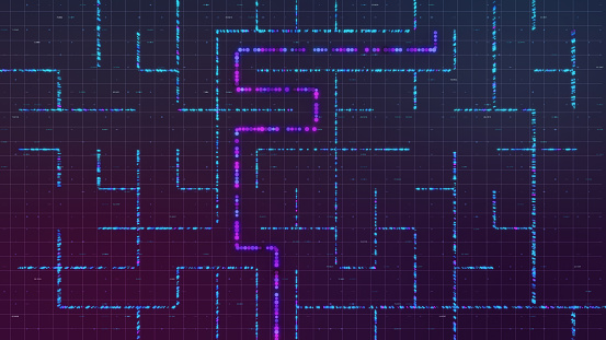 top view of a futuristic maze made with particles, with a line that show the solution (3d render)