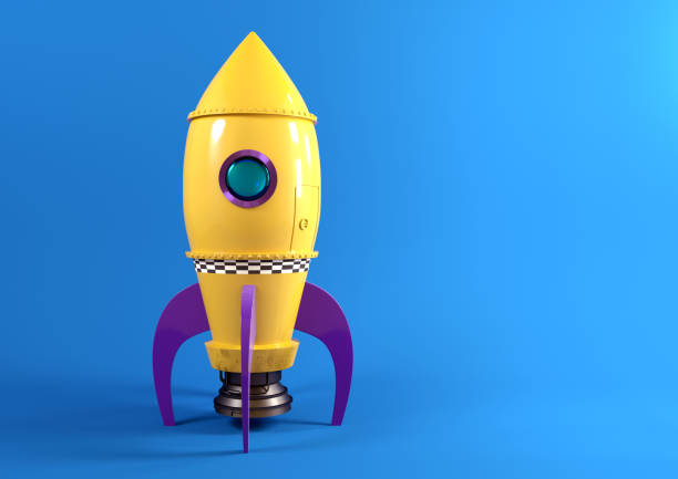 Retro Yellow Toy Rocket A retro yellow toy spaceship rocket set against a blue background ready to launch. 3D illustration. toy airplane stock pictures, royalty-free photos & images