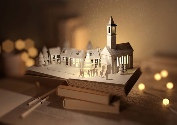 Pop Up Christmas Book Scenic A stack of books with a Pop-Up Christmas book opened revealing A festive christmas town. 3D illustration. religious christmas greetings stock pictures, royalty-free photos & images
